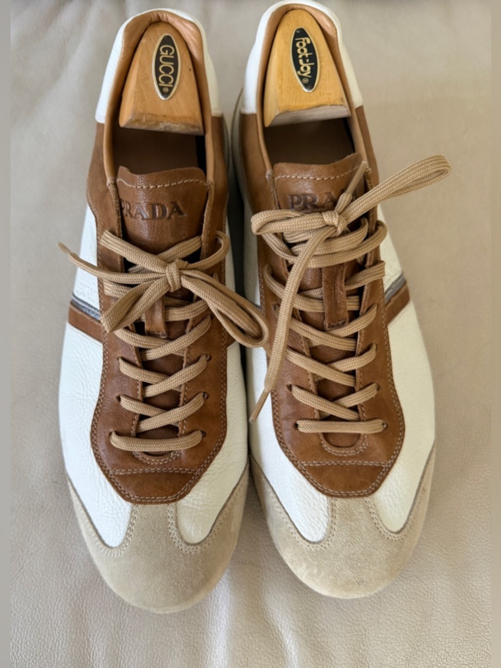 Prada Men’s White, Brown & Beige Leather Low-Top Sneakers, size 11